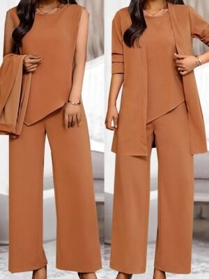 Fashion Casual Pure Colour Crew Neck Long Sleeve Summer 3 Piece Loungewear Set - Image 3