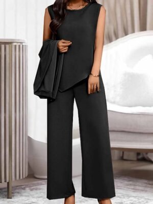 Fashion Casual Pure Colour Crew Neck Long Sleeve Summer 3 Piece Loungewear Set - Image 5