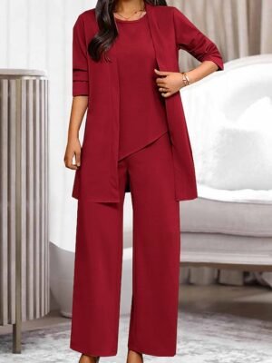 Fashion Casual Pure Colour Crew Neck Long Sleeve Summer 3 Piece Loungewear Set - Image 6