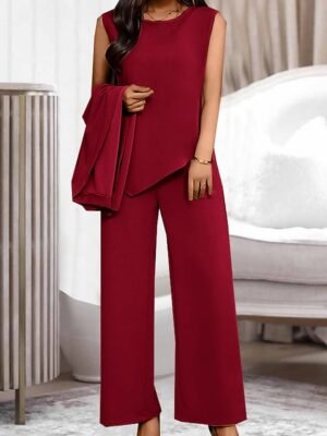 Fashion Casual Pure Colour Crew Neck Long Sleeve Summer 3 Piece Loungewear Set - Image 7