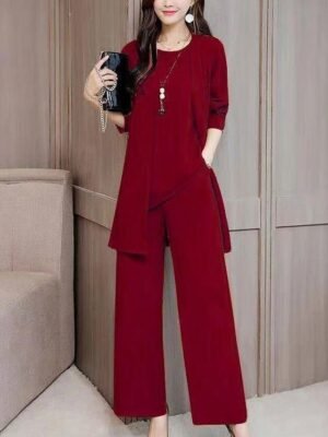 Fashion Casual Pure Colour Crew Neck Long Sleeve Summer 3 Piece Loungewear Set - Image 8