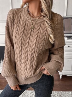 Fashion Casual Solid Cable Crew Neck Lantern Long Tops - Image 1