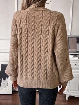 Fashion Casual Solid Cable Crew Neck Lantern Long Tops - Image 2