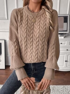 Fashion Casual Solid Cable Crew Neck Lantern Long Tops - Image 3