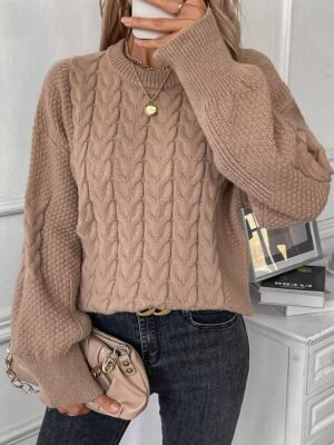 Fashion Casual Solid Cable Crew Neck Lantern Long Tops - Image 4