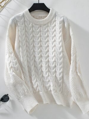 Fashion Casual Solid Cable Crew Neck Lantern Long Tops - Image 5