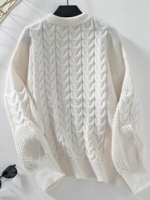 Fashion Casual Solid Cable Crew Neck Lantern Long Tops - Image 6