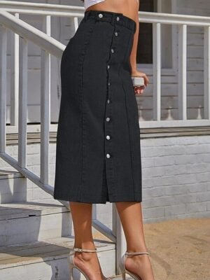Fashion Casual Solid High Waist Midi Denim Skirt - Image 11