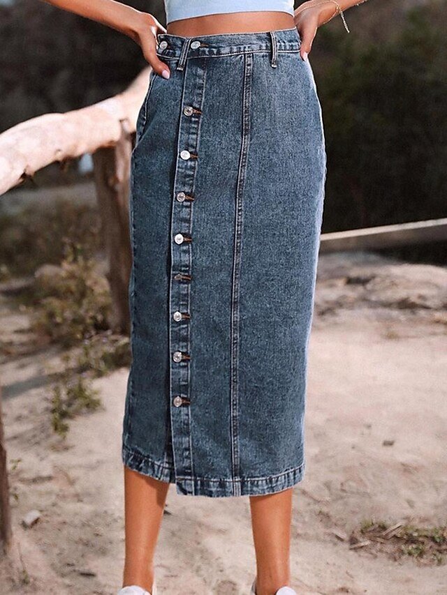 Fashion Casual Solid High Waist Midi Denim Skirt - Image 2