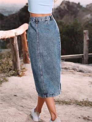 Fashion Casual Solid High Waist Midi Denim Skirt - Image 3