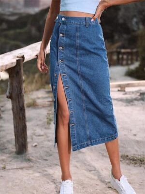 Fashion Casual Solid High Waist Midi Denim Skirt - Image 4