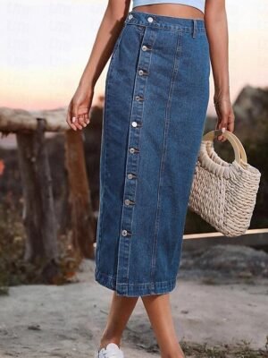 Fashion Casual Solid High Waist Midi Denim Skirt - Image 7