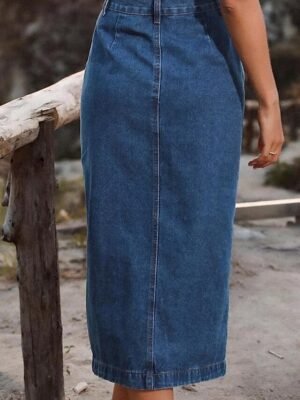 Fashion Casual Solid High Waist Midi Denim Skirt - Image 8