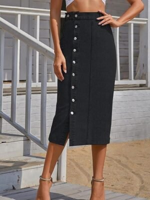 Fashion Casual Solid High Waist Midi Denim Skirt - Image 9