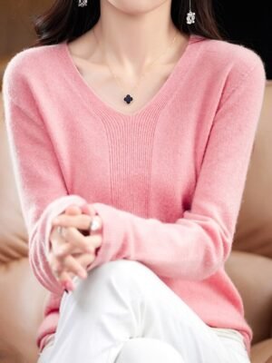 Fashion Casual Solid V Neck Long Sleeve Pullover Jumper - Image 14