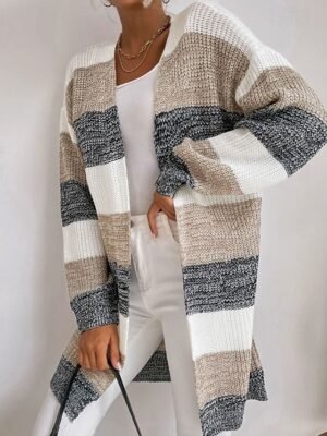 Fashion Casual Striped Open Front Long Sleeve Long Cardigan - Image 1