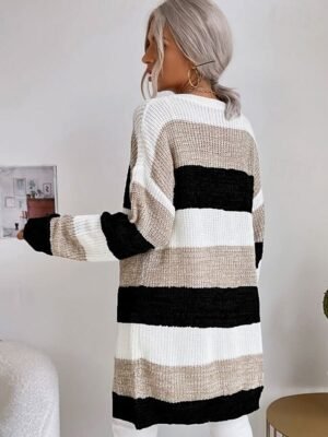 Fashion Casual Striped Open Front Long Sleeve Long Cardigan - Image 2