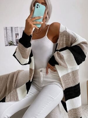 Fashion Casual Striped Open Front Long Sleeve Long Cardigan - Image 3