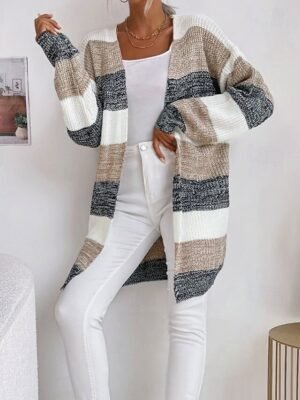 Fashion Casual Striped Open Front Long Sleeve Long Cardigan - Image 4