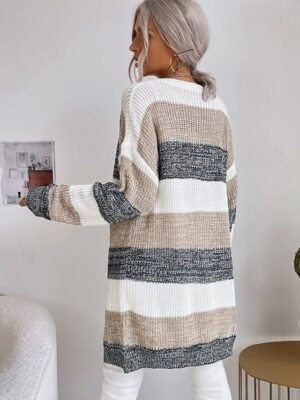 Fashion Casual Striped Open Front Long Sleeve Long Cardigan - Image 5