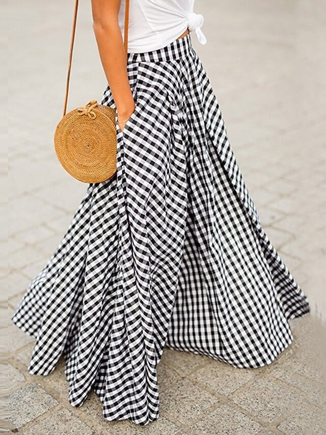 Fashion Coastal Grandma Style Plaid Pocket Maxi Skirt - Image 1