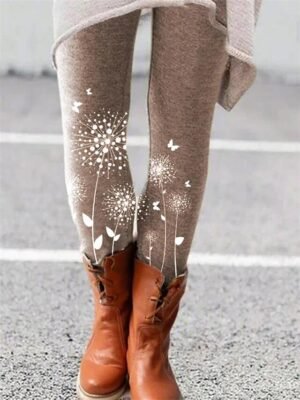 Fashion Designer Mid Waist Cat Dandelion Print Full Length Tights - Image 9