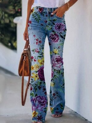 Fashion Flared Skull Flower Mid Waist Full Length Bell Bottom Trousers - Image 1