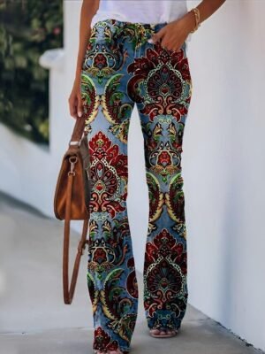 Fashion Flared Skull Flower Mid Waist Full Length Bell Bottom Trousers - Image 15
