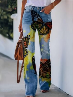 Fashion Flared Skull Flower Mid Waist Full Length Bell Bottom Trousers - Image 16
