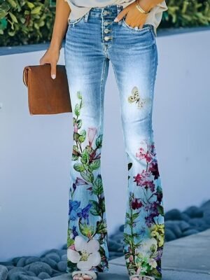 Fashion Flared Skull Flower Mid Waist Full Length Bell Bottom Trousers - Image 21