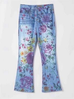 Fashion Flared Skull Flower Mid Waist Full Length Bell Bottom Trousers - Image 6