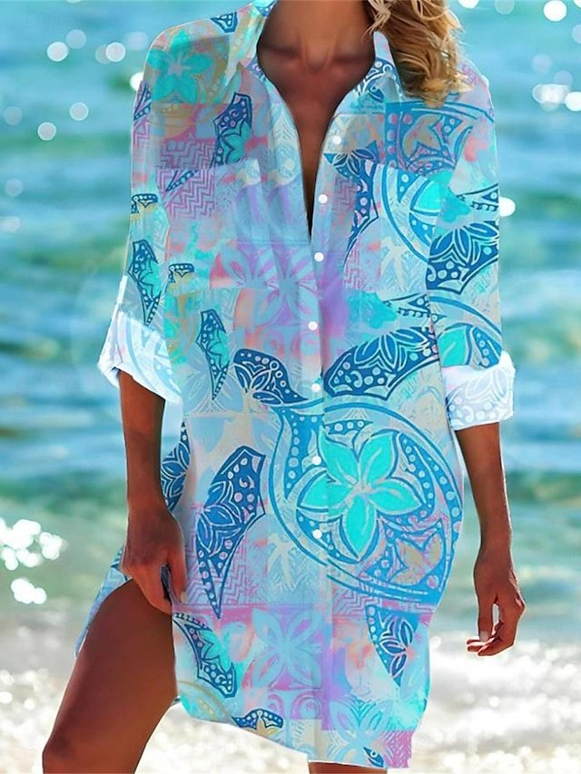 Fashion Flowy Print Shirt Collar Long Sleeve Mini Dress - Image 2