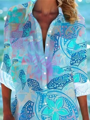 Fashion Flowy Print Shirt Collar Long Sleeve Mini Dress - Image 3