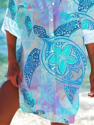 Fashion Flowy Print Shirt Collar Long Sleeve Mini Dress - Image 4