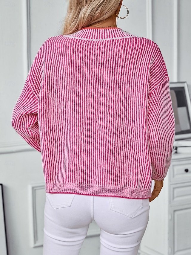 Fashion Formal Striped V Neck Long Sleeve Regular Knit Tops - Image 2