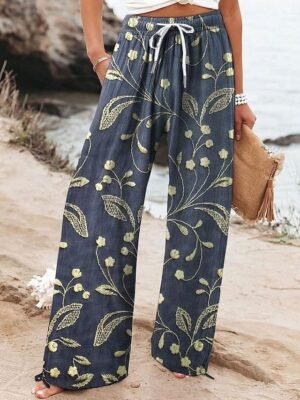 Fashion Full Length Floral High Waist Wide Leg Chinos - Image 3