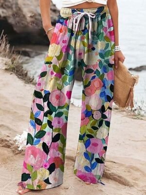 Fashion Full Length Floral High Waist Wide Leg Chinos - Image 4