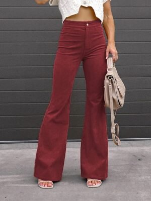 Fashion High Waist Corduroy Full Length Bell Bottom Trousers - Image 1