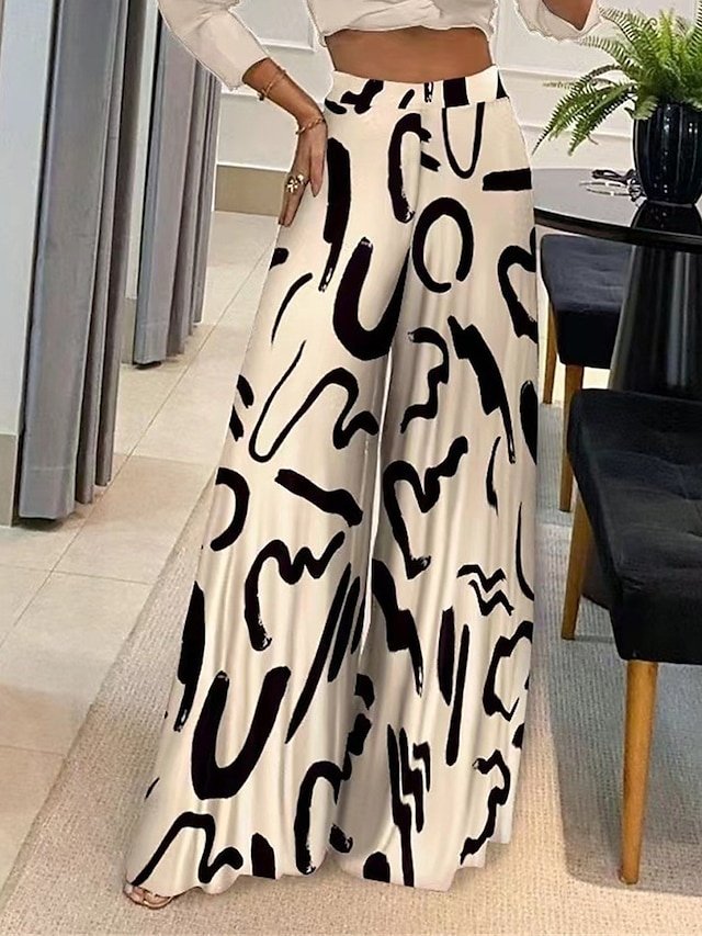 Fashion High Waist Geometric Wide Leg Full Length Trousers - Image 1