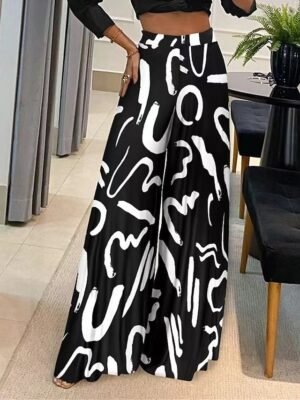 Fashion High Waist Geometric Wide Leg Full Length Trousers - Image 2