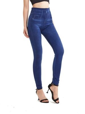 Fashion High Waist Plain Elastic Waist Full Length Jeggings - Image 5