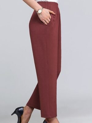 Fashion High Waist Solid Colour Button Ankle-Length Comfort Trousers - Image 5
