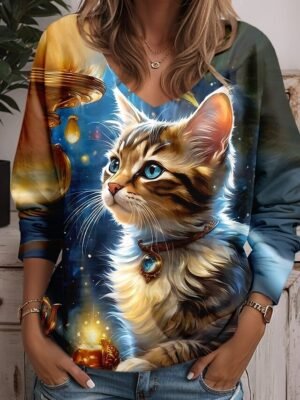 Fashion Loose Animal V Neck Long Sleeve Regular Tunic Top - Image 2