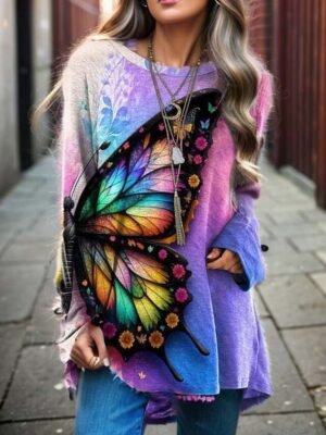 Fashion Loose Butterfly Print Round Neck Long Sleeve Top - Image 2