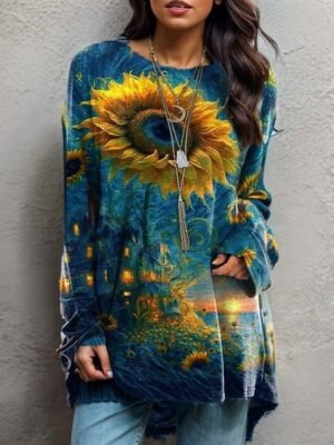 Fashion Loose Butterfly Print Round Neck Long Sleeve Top - Image 3