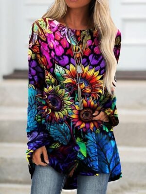 Fashion Loose Butterfly Print Round Neck Long Sleeve Top - Image 4