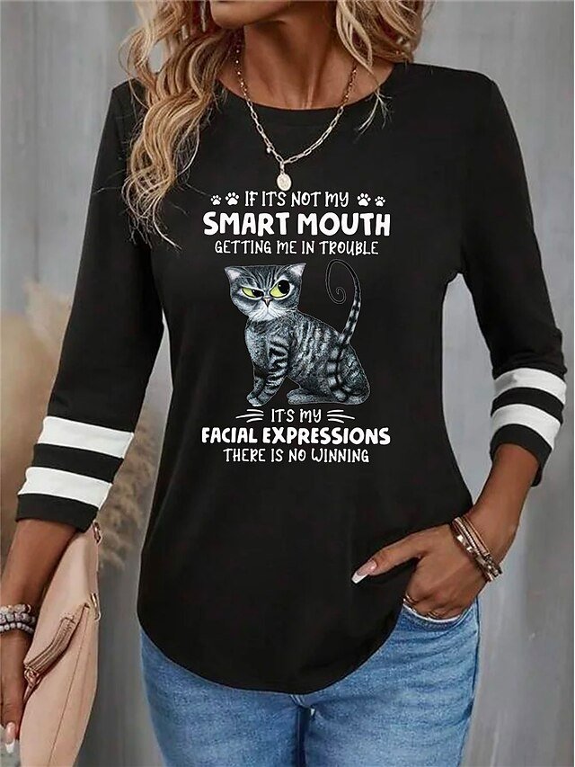 Fashion Loose Cat Letter Round Neck Long Sleeve Regular Top - Image 1