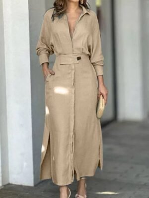 Fashion Loose Colour Block Shirt Collar Long Sleeve Maxi Dress - Image 1