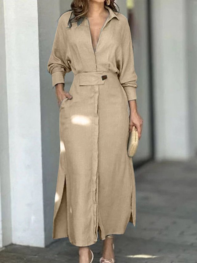 Fashion Loose Colour Block Shirt Collar Long Sleeve Maxi Dress - Image 1