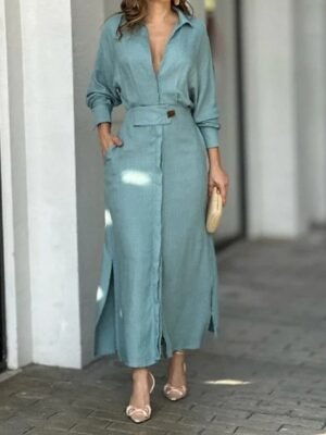 Fashion Loose Colour Block Shirt Collar Long Sleeve Maxi Dress - Image 2